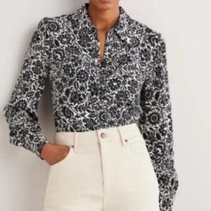 Black & White Floral Split-Neck Women's Top